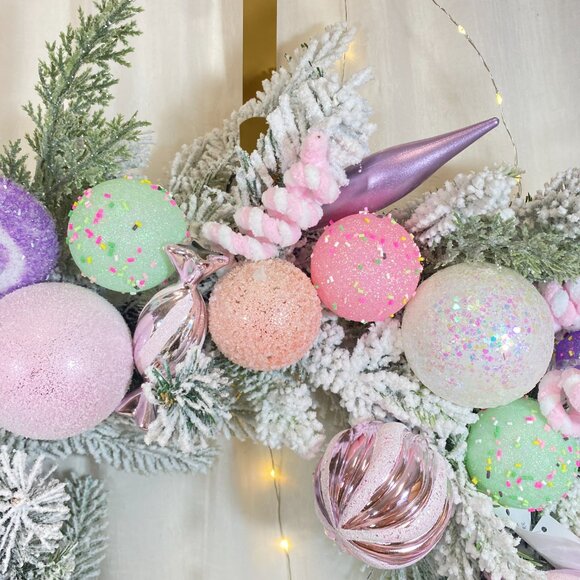 Peppermint Square Pastel Candy Frosted Pine 24" Holiday Christmas Wreath Rare - Picture 6 of 16